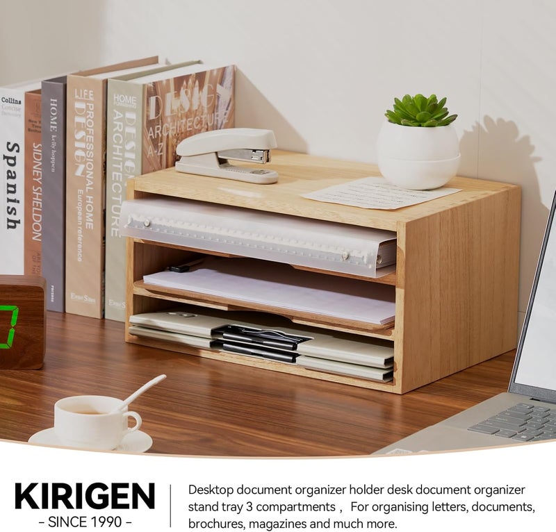KIRIGEN Wooden Desktop Organizer Paper Storage Letter Tray File Sorter - Desk Rack Magazine File Dividers Holders for Home Office Accessories Wood Desk Cabinet with 3 Layer Trays Natural(3KWJG-NA) - Image 5
